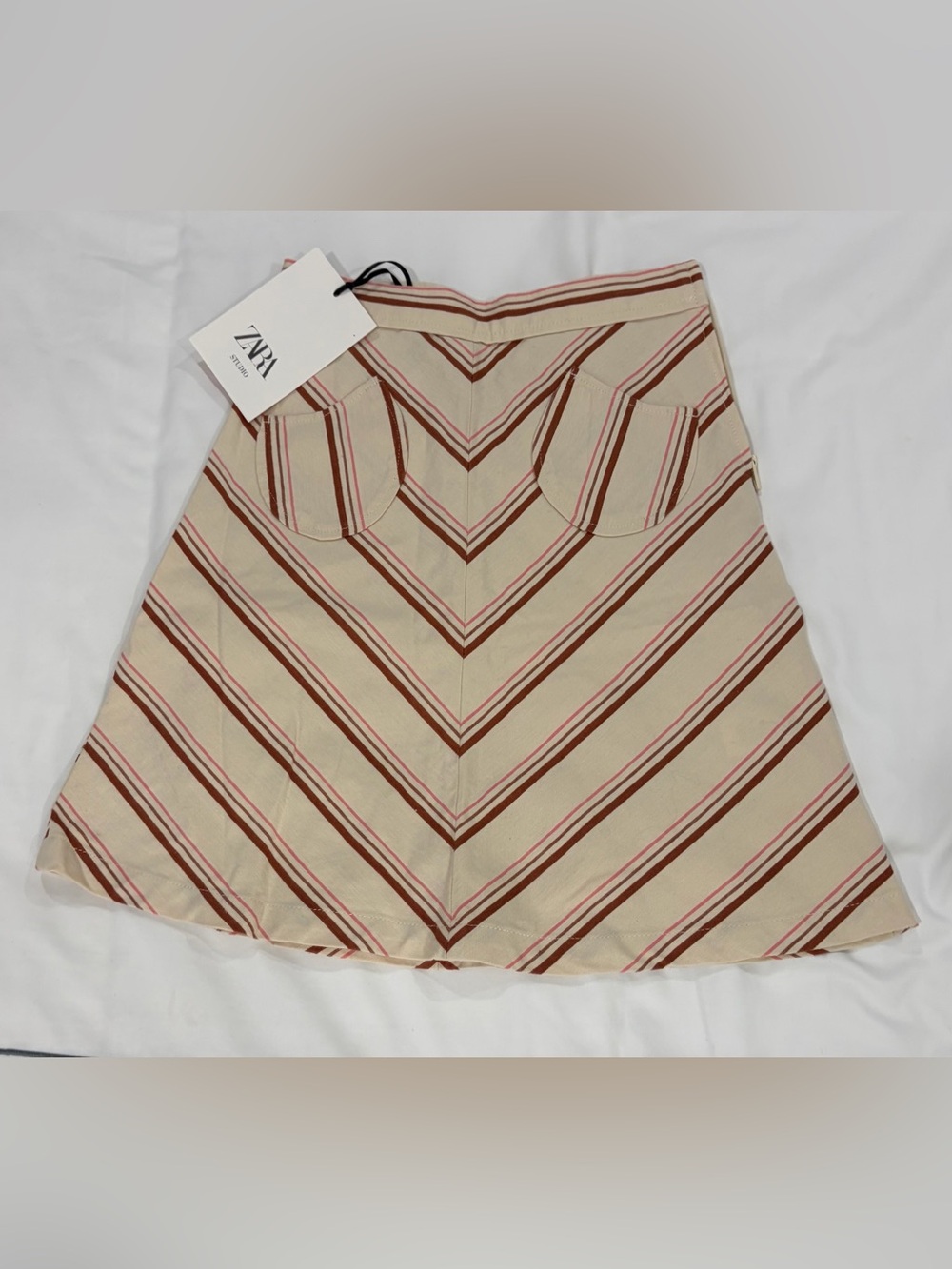 Zara Girls Beige A-Line Stripe Skirt with Brown and Pink Trim